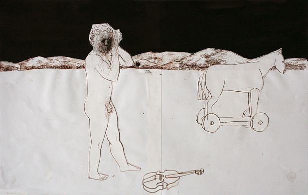 Chuck Bowdish 1959-2022, Boy with Pull Horse & Violin, 2014
ink & gouache, mixed media/ collage, 27" x 17"
CB 364
Price Upon Request