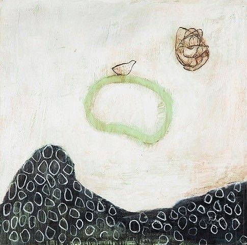 Connie Lloveras - Bird on Green Ferny Rocks and Scribble, 2016