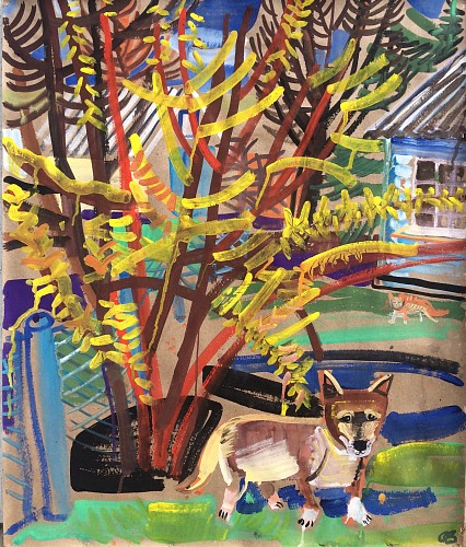 Exhibition: The Mechanics of Color, Work: Olena Zvyagintseva Yellow Bush, Red Dog, Red Cat, 2022