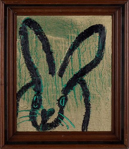 Hunt Slonem - Untitled Black Bunny on Metallic Gold and Green, 2019