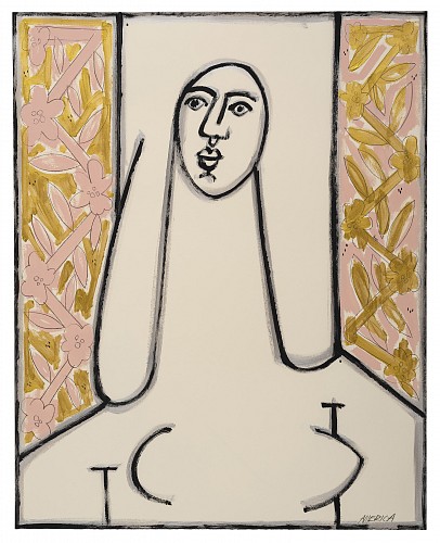 America Martin - Homage to Modigliani with Gold and Pink Petals, 2024