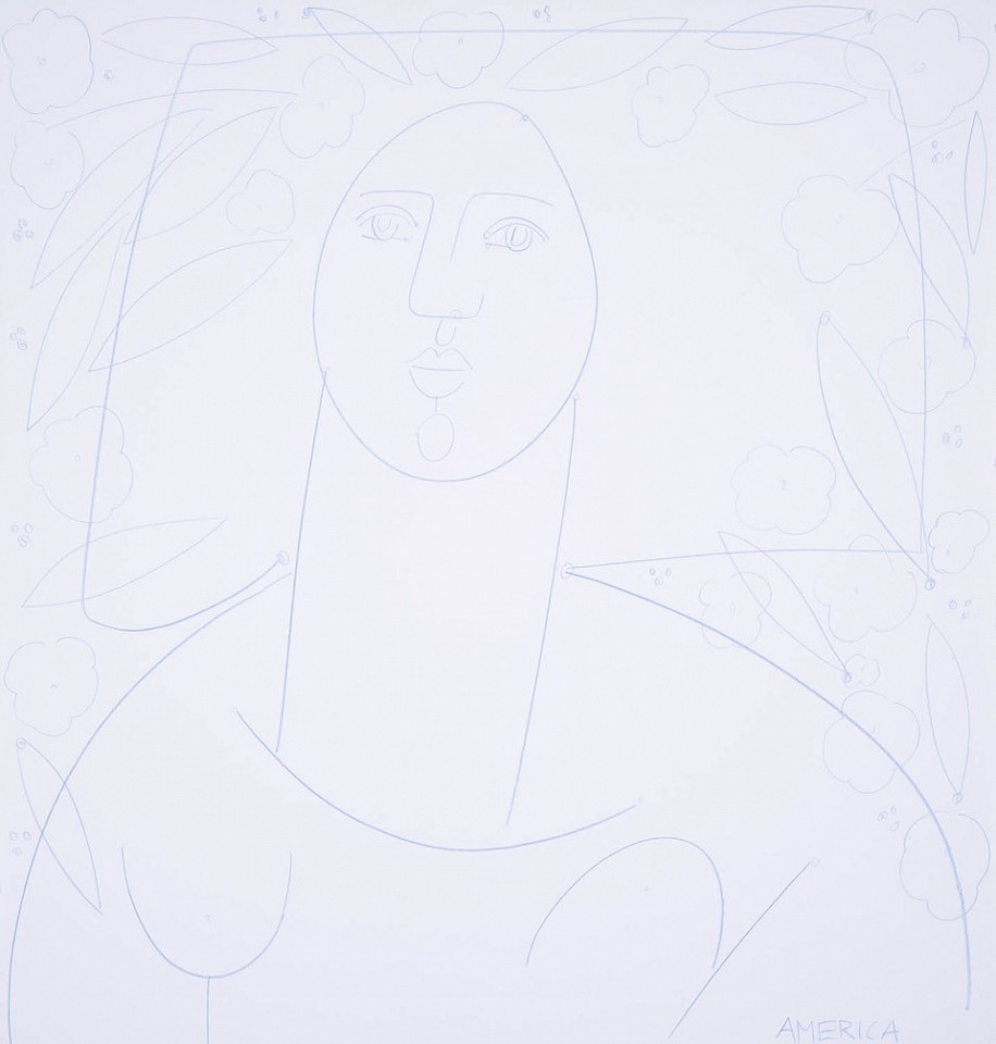 America Martin, Woman with Leaves in UP done Hair, 2020
21.5" x 22.5" x 28" x 35" framed
Blue Pencil on cotton paper
ACM 555
Price Upon Request